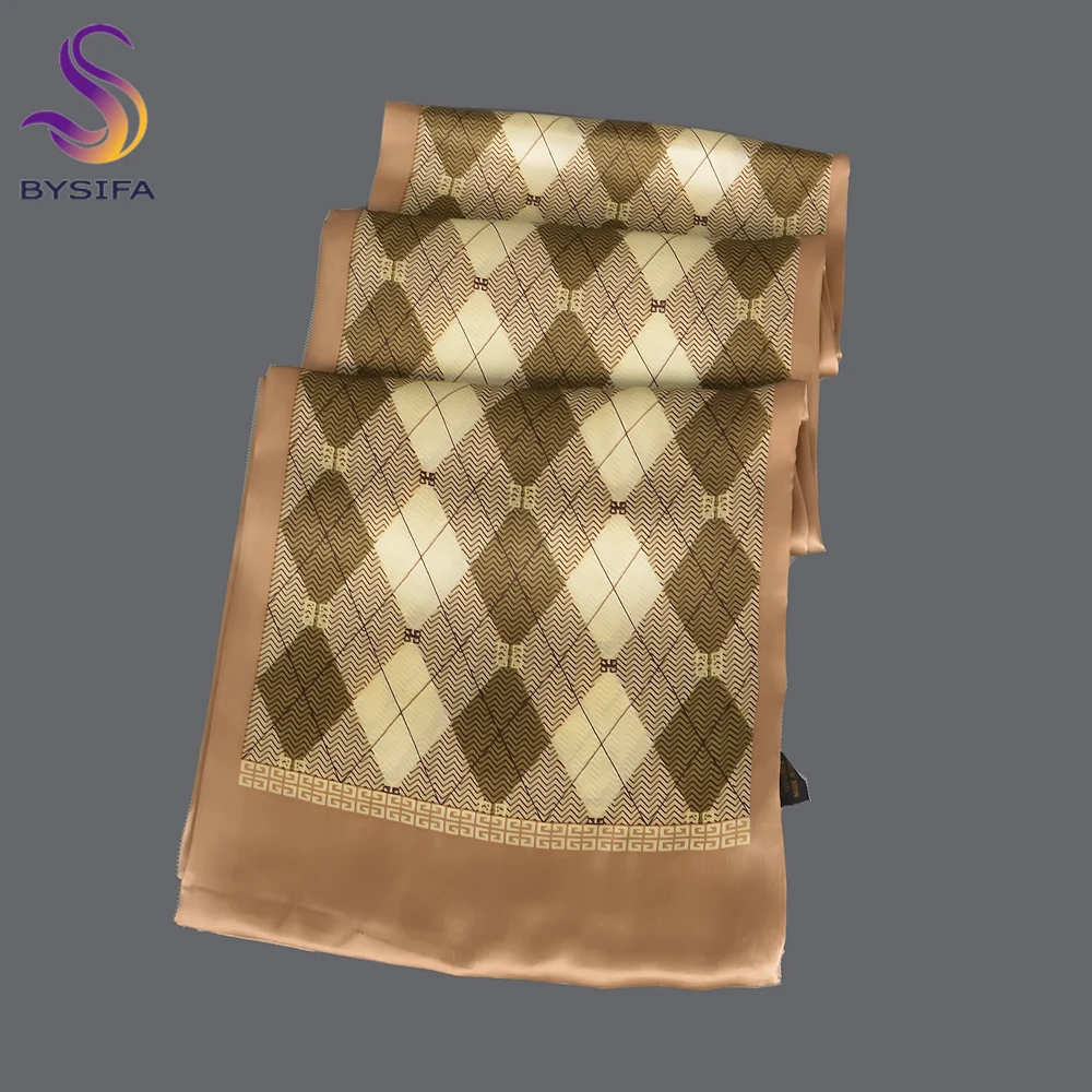 [BYSIFA] Male Silk Scarves Fall Winter 100% Silk Men Beige Khaki Long Scarf Accessories Spring Handsome Scarf Cravat160*26cm