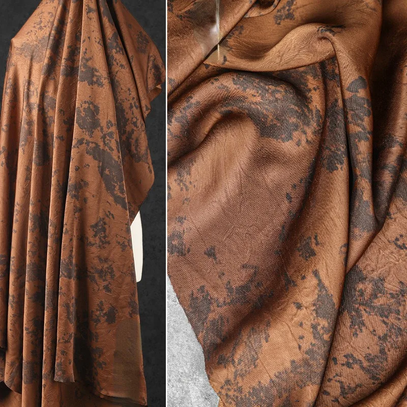 

Spotted Brown Gold Textured Satin Fabric with A Distressed Texture Retro Tie Dyed Clothing Coat Jacket Skirt Designer Fabric
