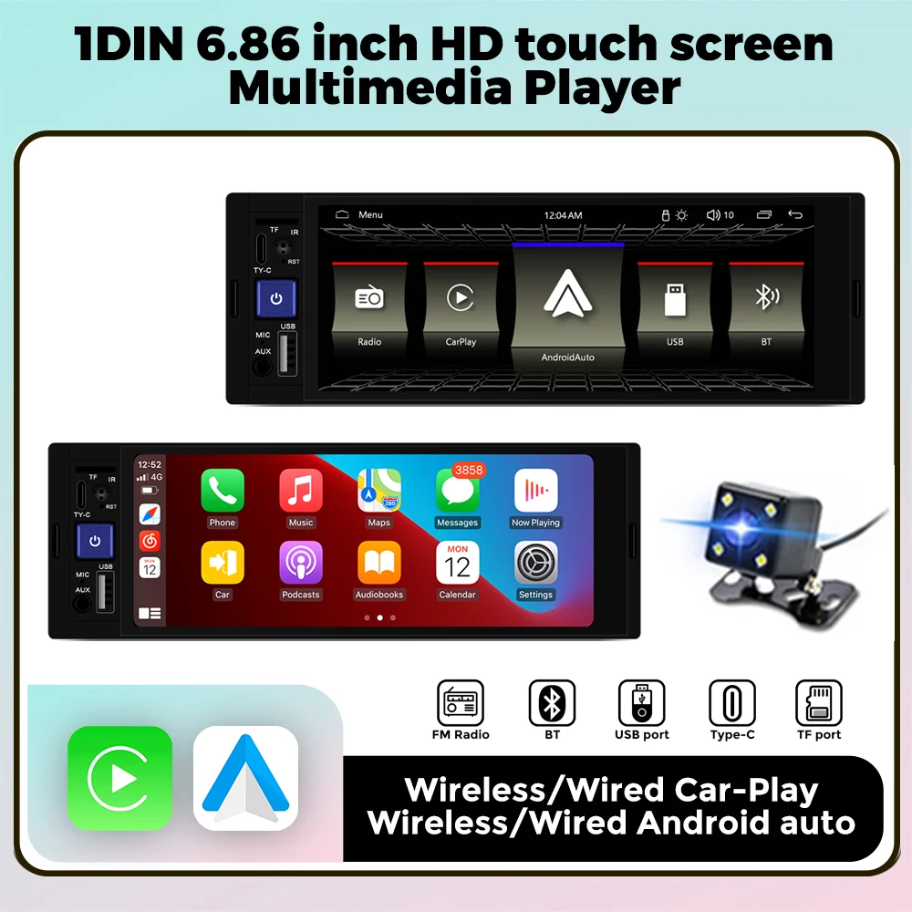 1Din 6.86 inch Car Radio Wireless CarPlay Wireless Android Auto Navigation 1Din Car Universal Multimedia Rear View Camera Player