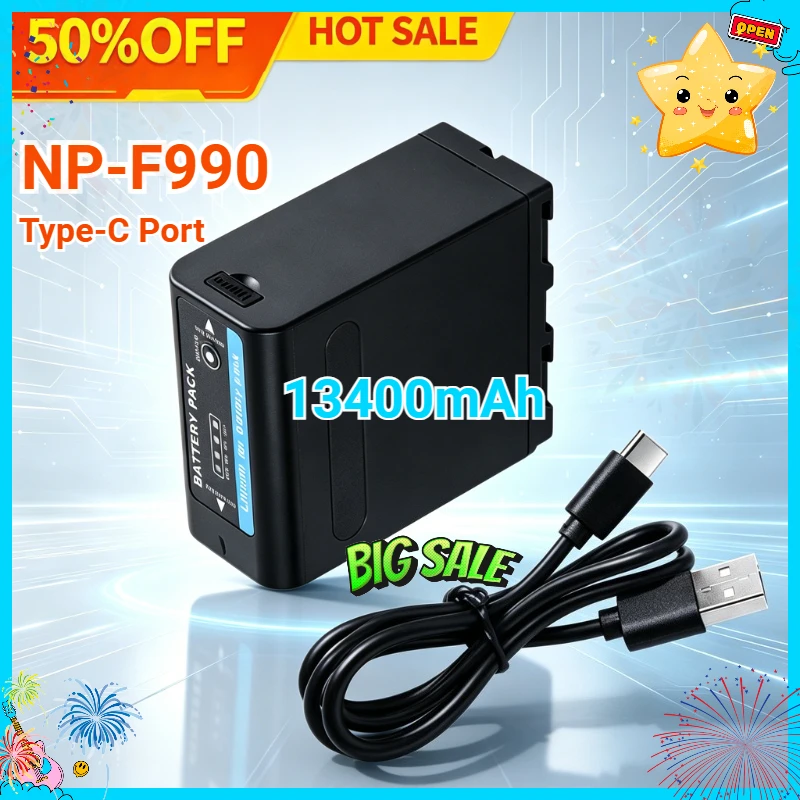NP-F990 NP-F970 F960 13400mAh Decoding Battery Power Bank for Sony Camcorder HXR-MC1500C NEX-EA50 HVR-Z7C NX3 5 LED Video Light