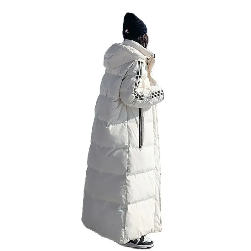 X-Long Ankle Length Down Coat Women Winter Thicken Extra Warm Hoodie Windbreaker Striped Overcoat Snowwear Loose Hooded Cloak