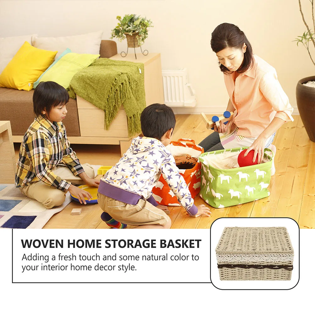 

【】Woven Storage Baskets Rectangular Lidded Cosmetics Organizer Sundries Holder For Bathroom Bedroom Office Home Toiletries