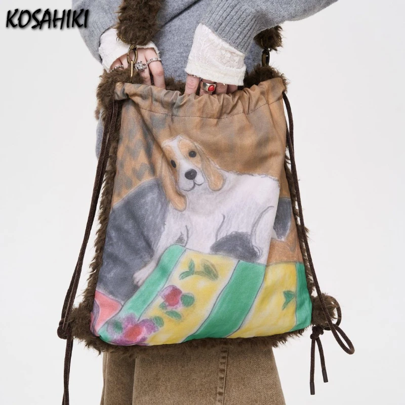 Harajuku Kawaii Köpek Baskı Kadın Çanta İpli Moda Tüm Maç omuzdan askili çanta Iki Tarafı Grunge Pilili Kabarık Crossbody Çanta