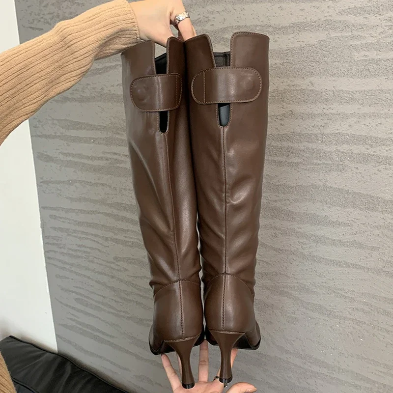 Aneikeh 2026 Autumn Winter High Heels Round Toe High Heels Ladies Long Booties Fashion Cosy PU Leather Style Cowboy Boots Women