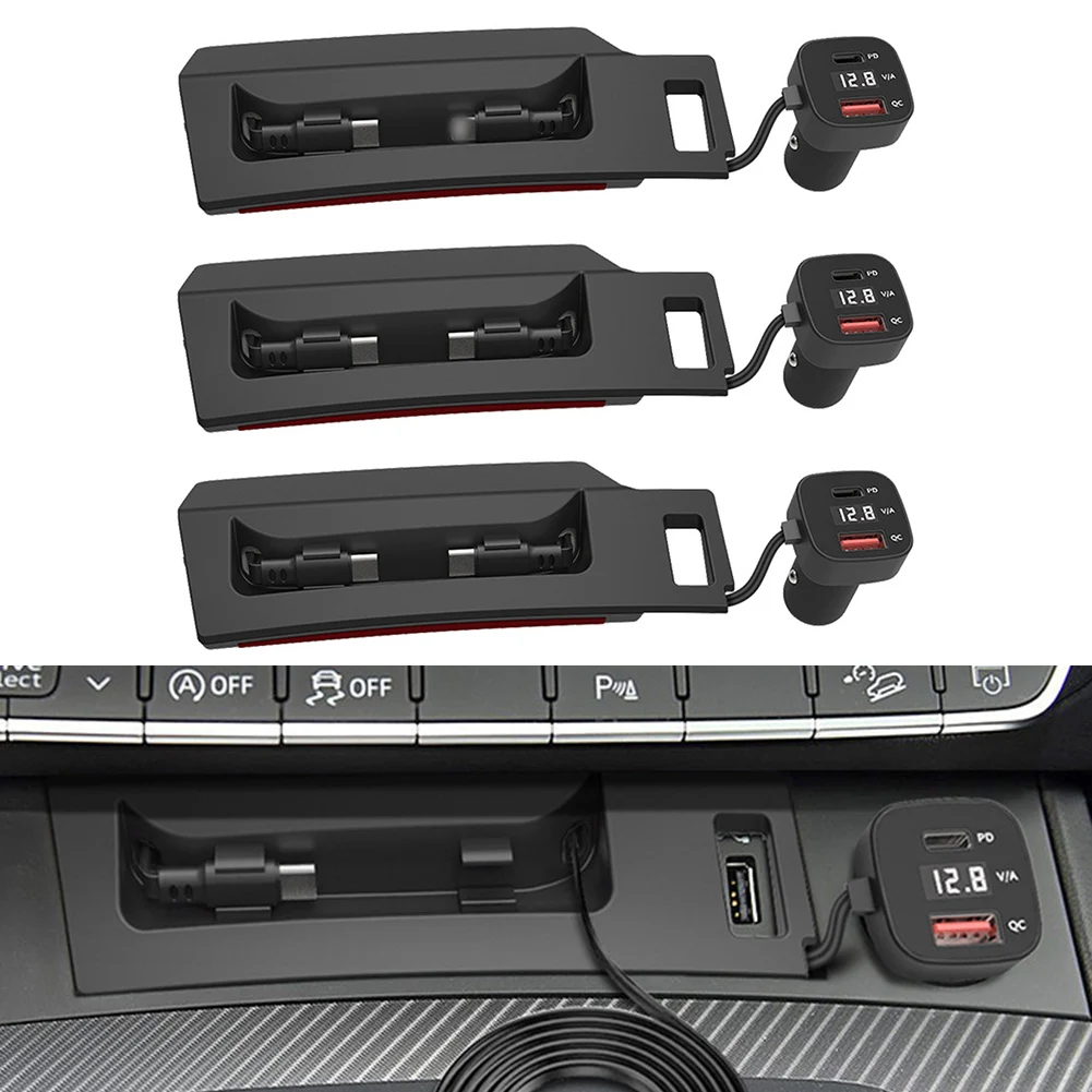 Car USB Charging Dock for Q5 18 25 with 160W Output Four Fast Charging Ports LED Voltage Display and Dual Retractable Cables