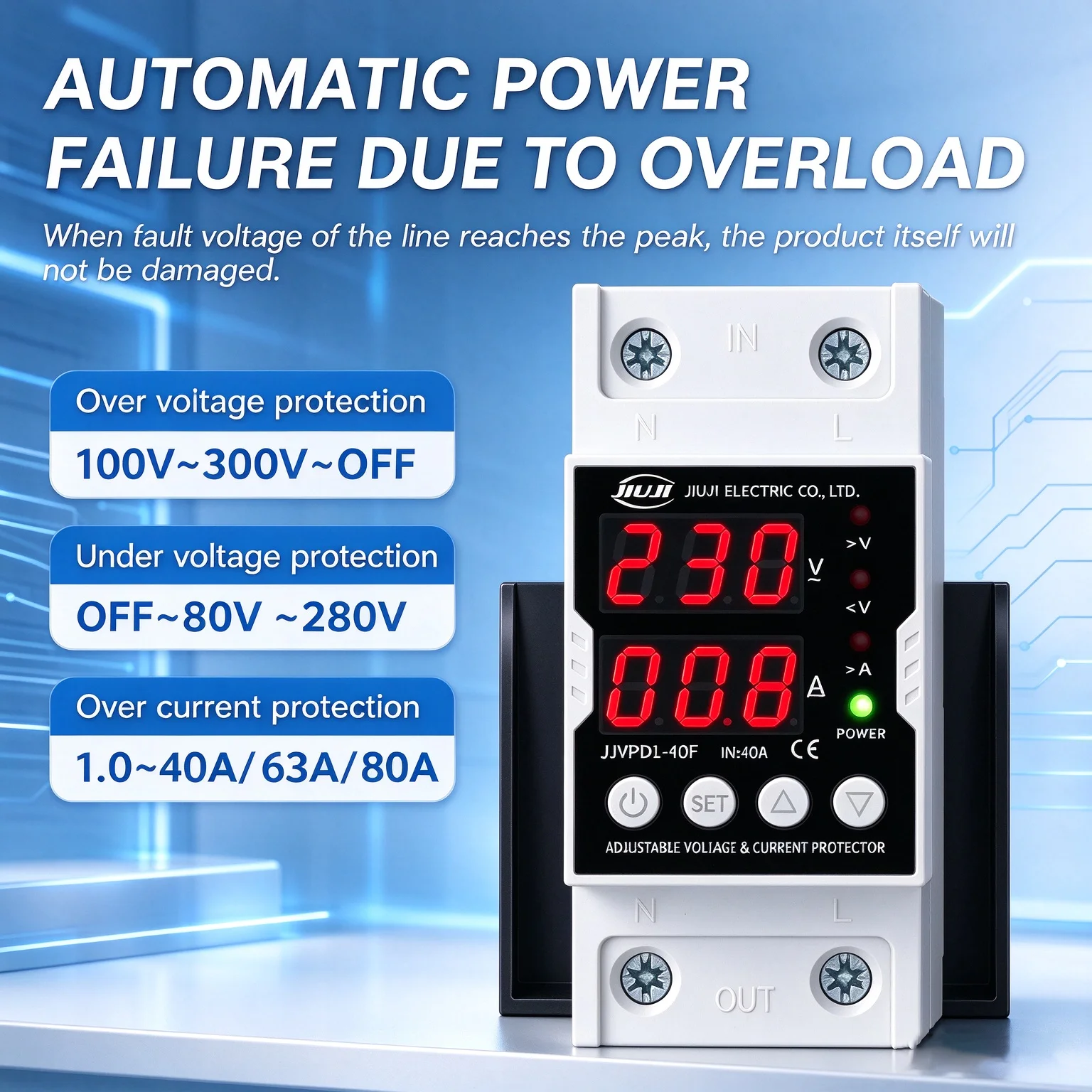 JIUJI JJVPD1-63F AC220V Dinrail Voltage & Current Controller 40-63A Auto Reset Overload Safety Protective Relay