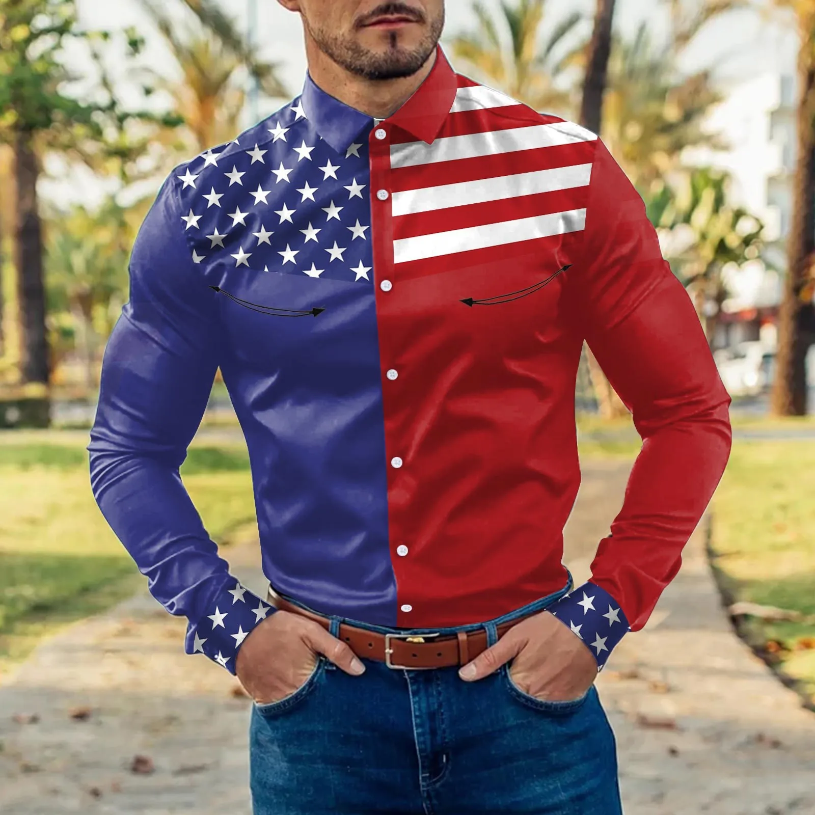 Long Mens Fashion Striped Shirts Man Vintage American Flag 3D Print Casual Color Social Y2k Dress Streetwear Floral Slim Camisa