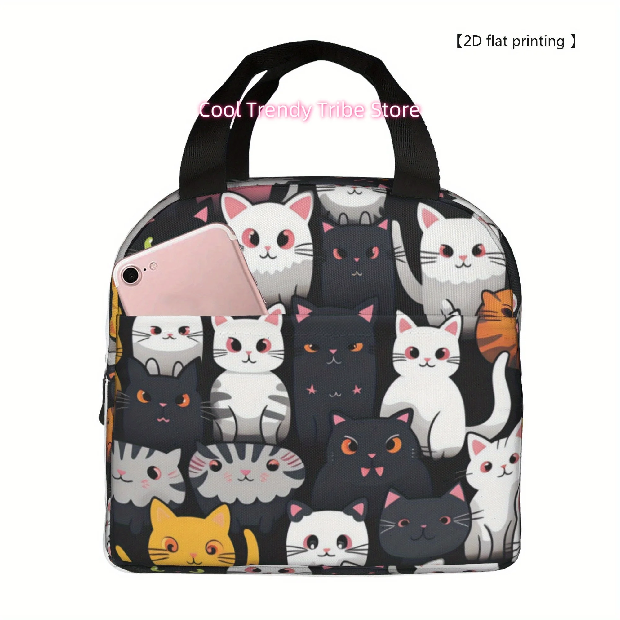 Portable And Reusable Cooling Bag with a 2D Flat Print of Cats, Suitable for Lunch Boxes, Featuring a Handle, Essential for Camp