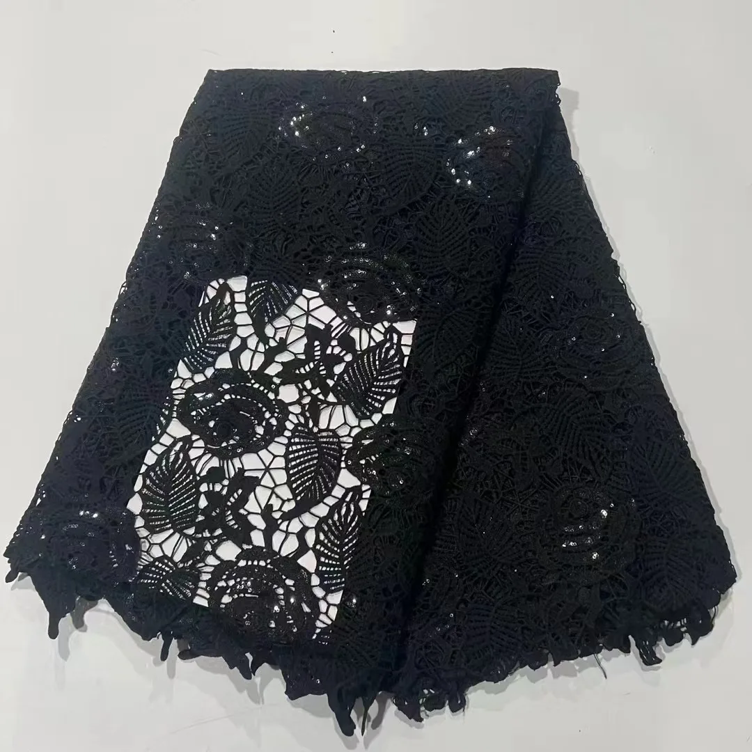 High quality new style a yards a lot Fashion design pure black color water soluble lace fabric with sequin for wedding party B02