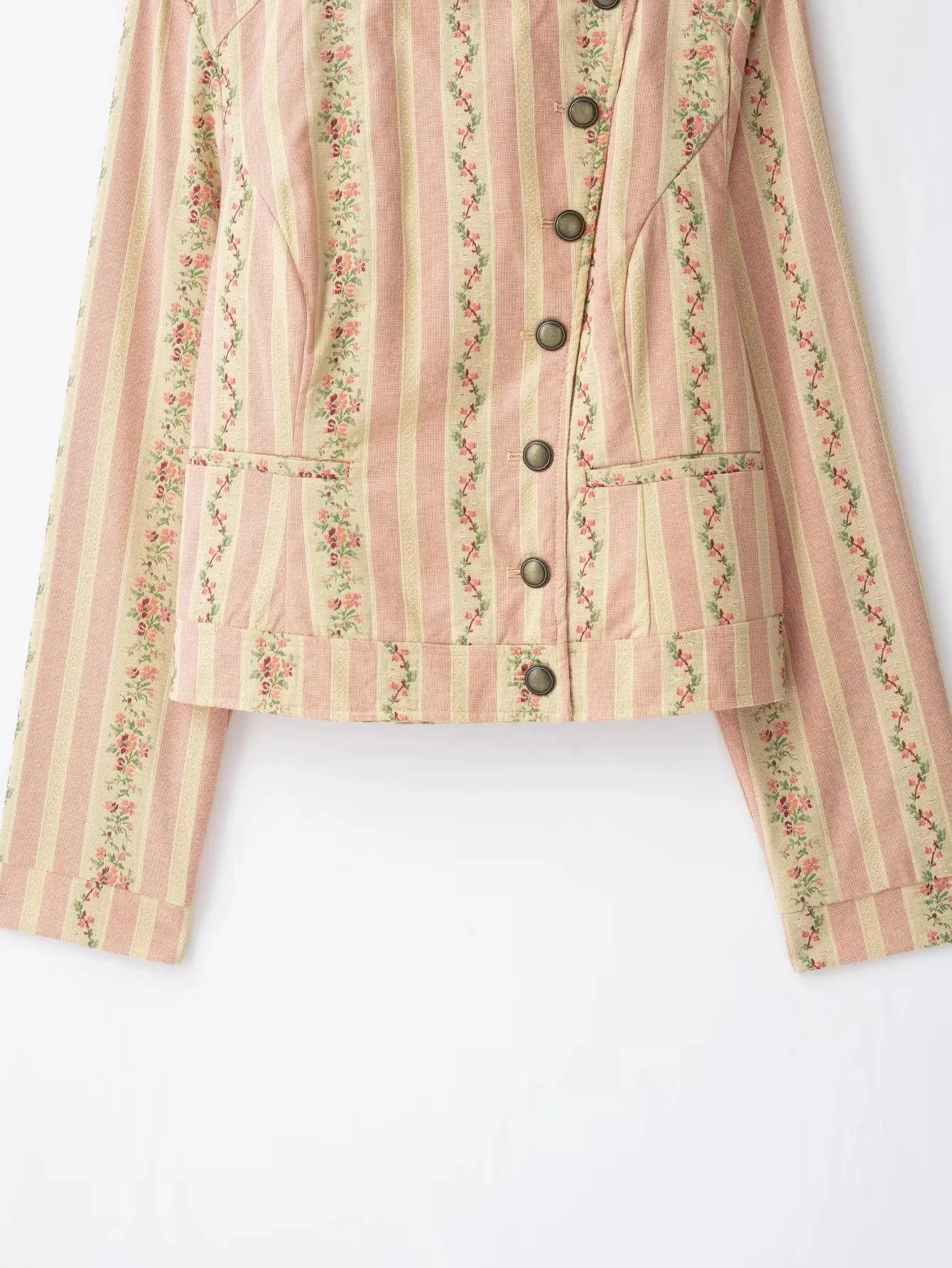 Elegante Damenjacke mit Blumenmuster und Streifen, Jacquard, Herbstmode 2026, Diagonalknöpfe, Stehkragen, lange Ärmel, kurzer Damenmantel – Detail 4