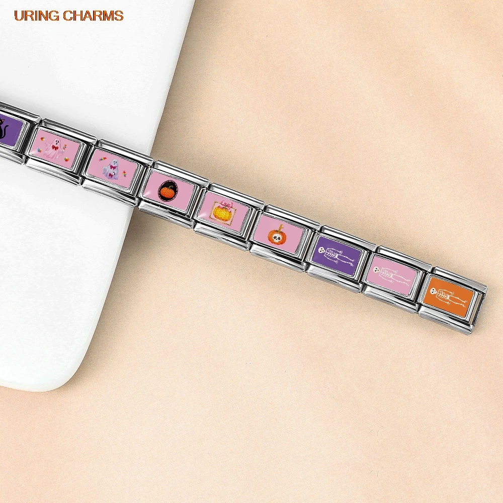Elastic Charm Jewelry Original Design Pink Halloween Ghost Skull Pumpkin Cat Italian Link Fit 9mm Stainless Steel Bracelet DIY