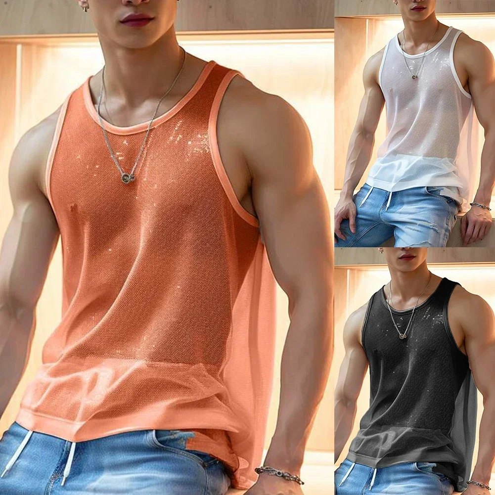 Men See-through Mesh T Shirt Crew Neck Tank Tops Sleeveless Vest Party Nightclub