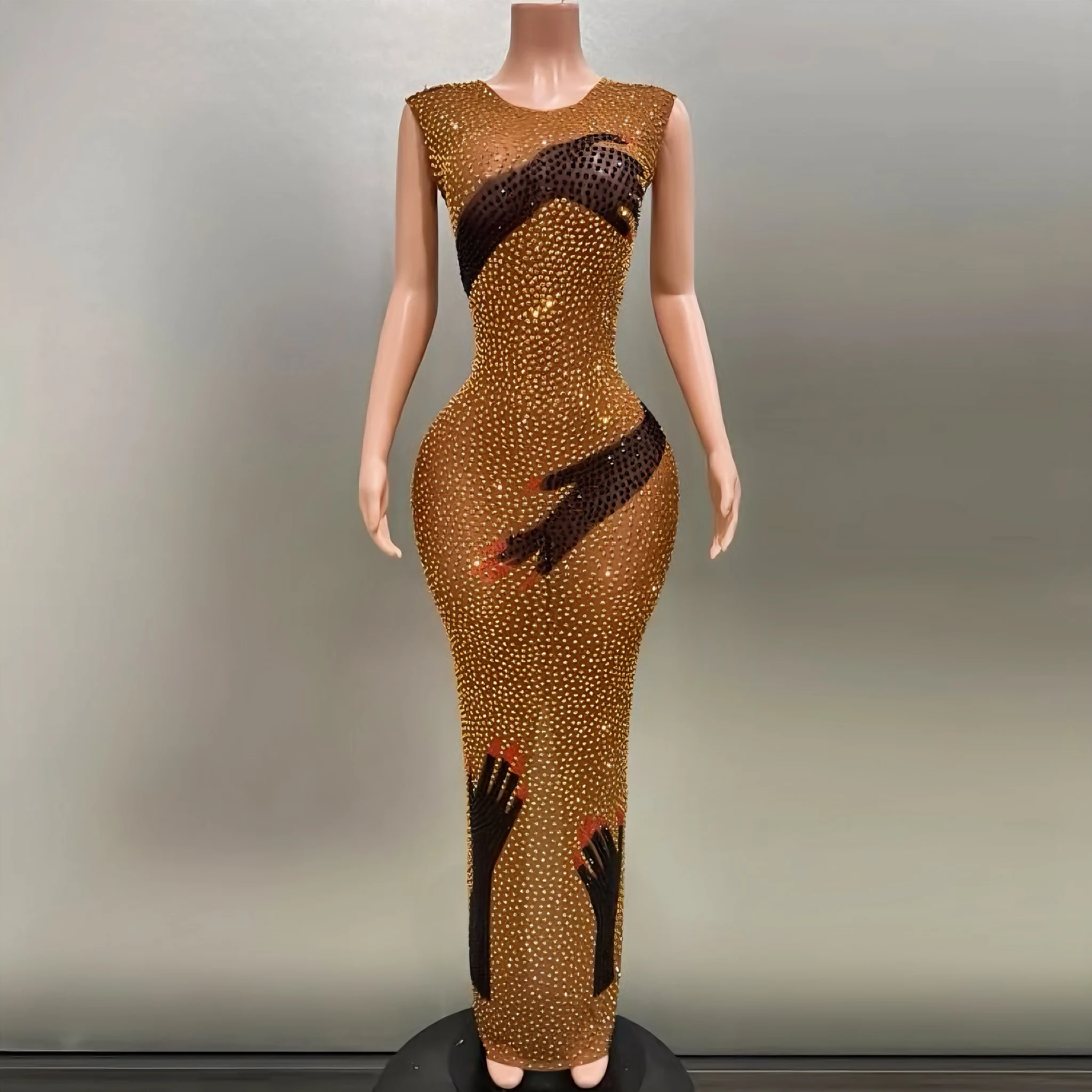 Luxury Flashing Diamonds Black Hands Golden Sexy Sheath Dress Evening Birthday Party Performance Costume Singer Stage Wear