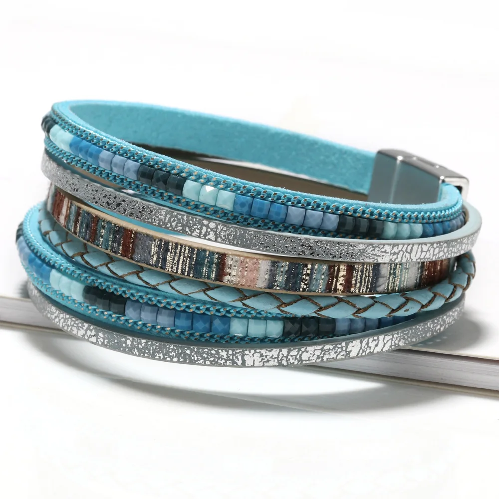 Hot-Selling Handmade Woven Leather String Bohemian Bracelet Alloy Magnetic Snap Women Fashion Multi Layer  Wholesale