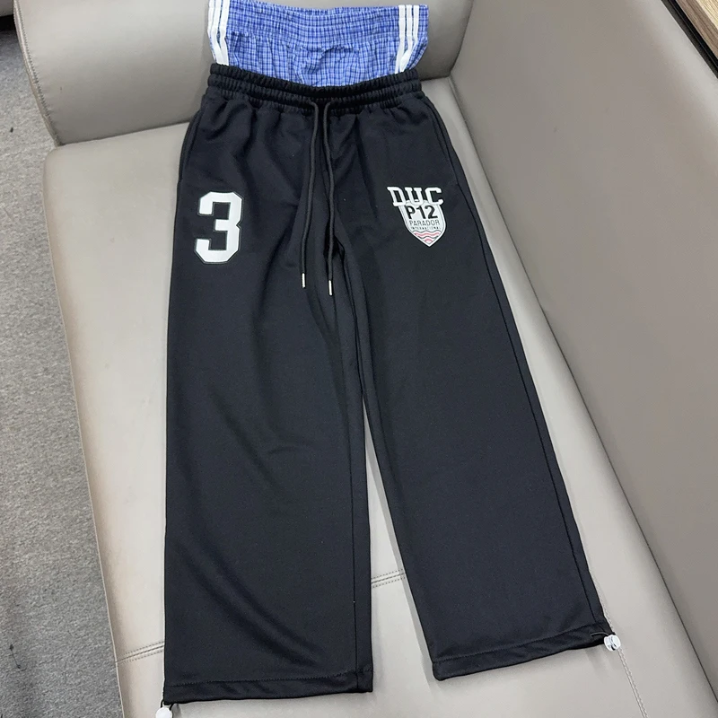 

Черные свободные широкие брюки из двух предметов в клетку с вышивкой на талии и цифрами 3, мужские и женские винтажные повседневные зауженные брюки на шнурке