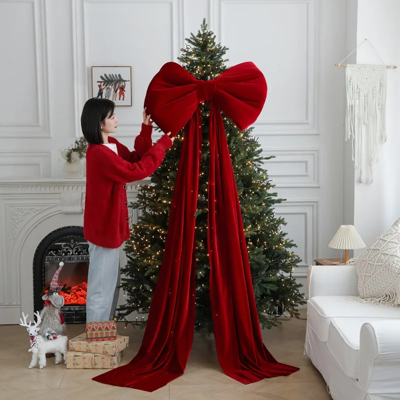 1PCS Christmas Tree Topper Decoration Polyester Elegant Velvet Bow Hanging Decor Mall Store Window Ornament New Year Festival