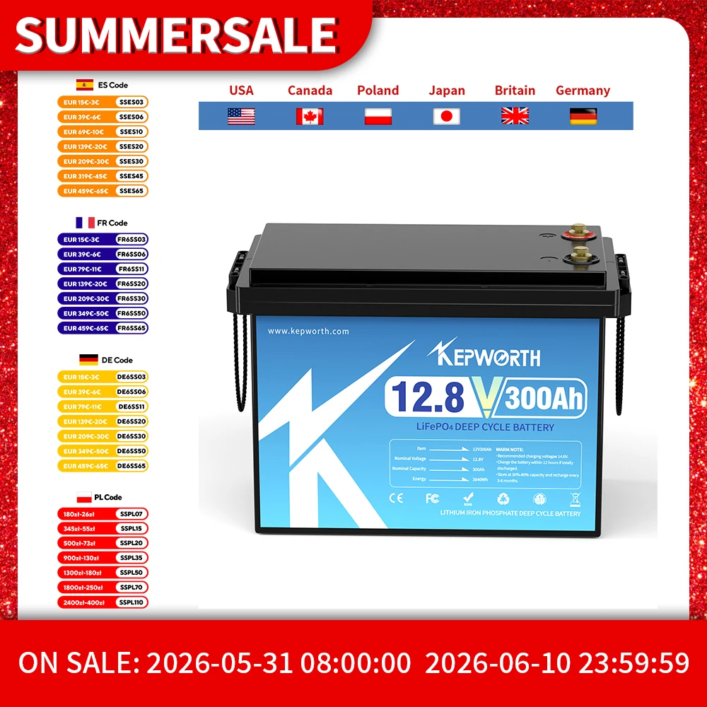 KEPWORTH 12V 180Ah 300Ah Lithium Iron Phosphate Battery With Upgraded BMS 6000 Cycles For RV Campers Golf Cart Off-Road Off-Grid