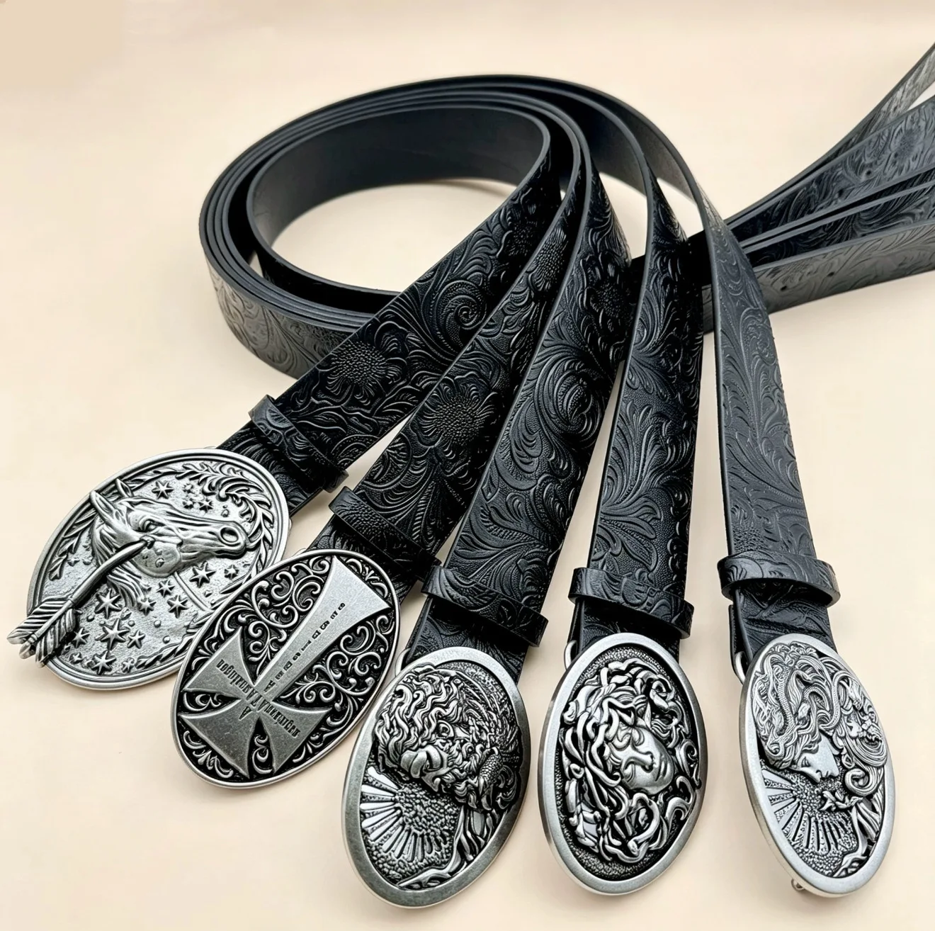 Men & Women's Western Cowboy PU Leather Belts Vintage Belt Floral Engraved Buckle Silver Flora Plus Size Wide Belt for Jeans