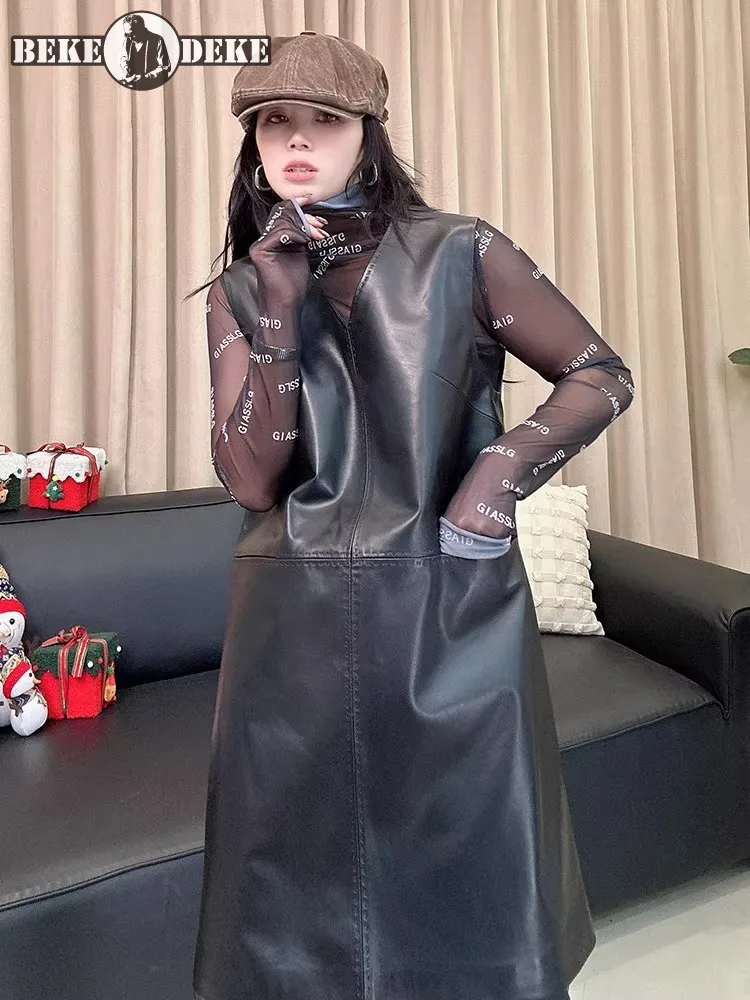 ربيع جديد إمرأة الخامس الرقبة فضفاضة تناسب جلد الغنم فستان جلد طبيعي موضة جلد ناعم بلا أكمام تانك فستان ملابس الشارع الشهير عادية #1