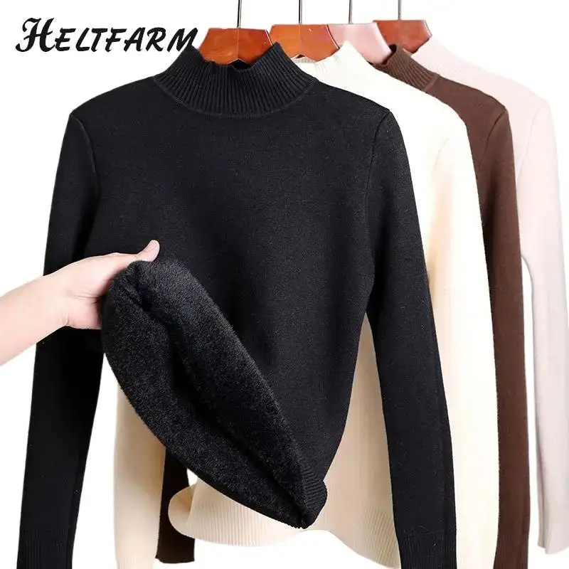 Solid Color Turtleneck Plus Velvet Pullover Sweater Women All-match Soft Thick Knitted Inner Outwear Women Sweater