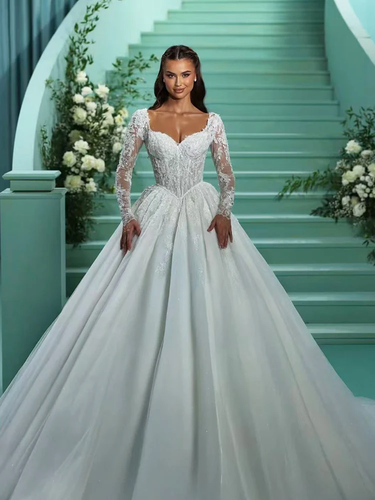 

Graceful Wedding Dress Organza With Embroidery Ball Gown Sweetheart V-Neck Full Sleeve Customized Bride Dress Vestido De Novia