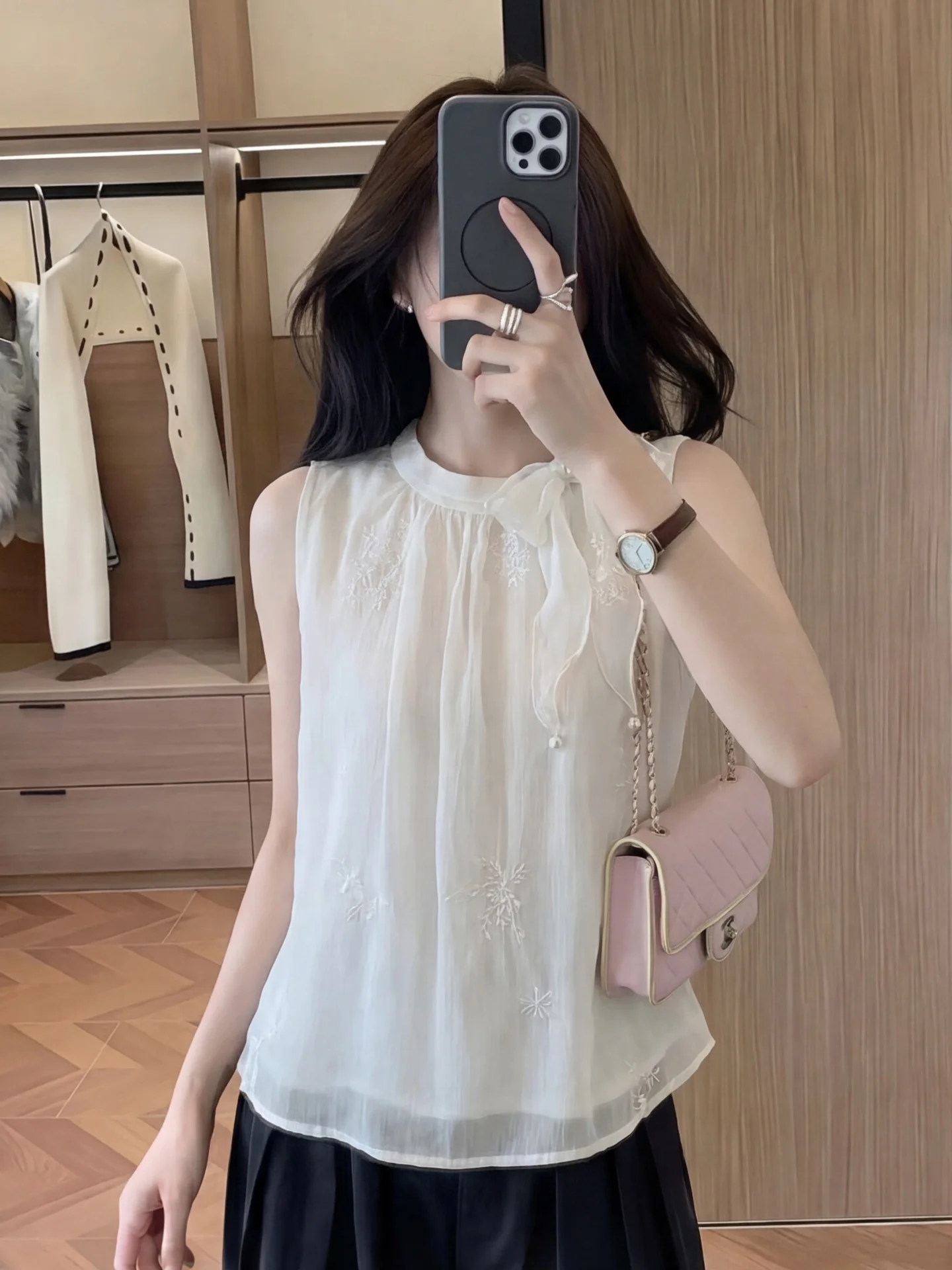 

French Style Off-Shoulder Embroidered Chiffon Blouse Women Summer Sleeveless Neck Hanging Heavy Work Gentle Soft Look Shirt
