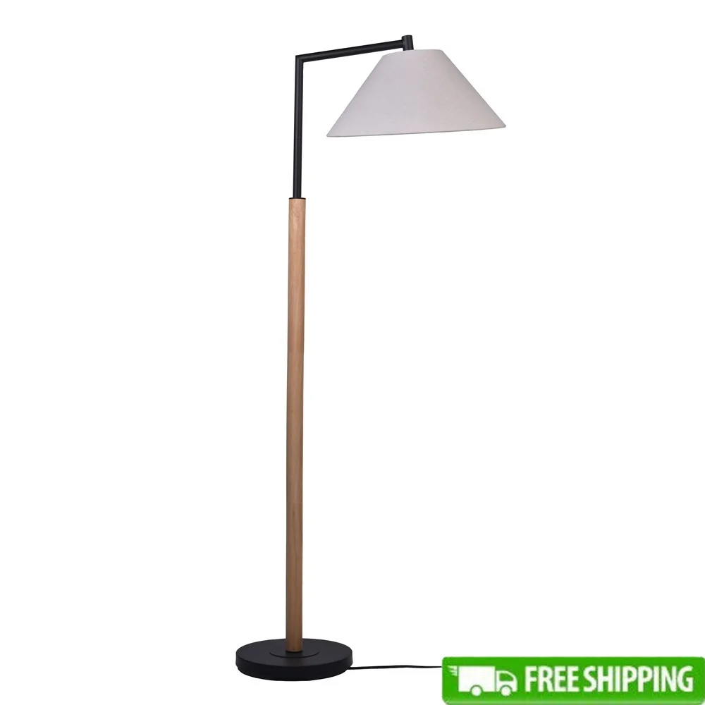 

Modern Wood Cream Black Metal Floor Lamp with Oatmeal Fabric Shade Adjustable Head Cozy Ambiance Living Room Bedroom Office