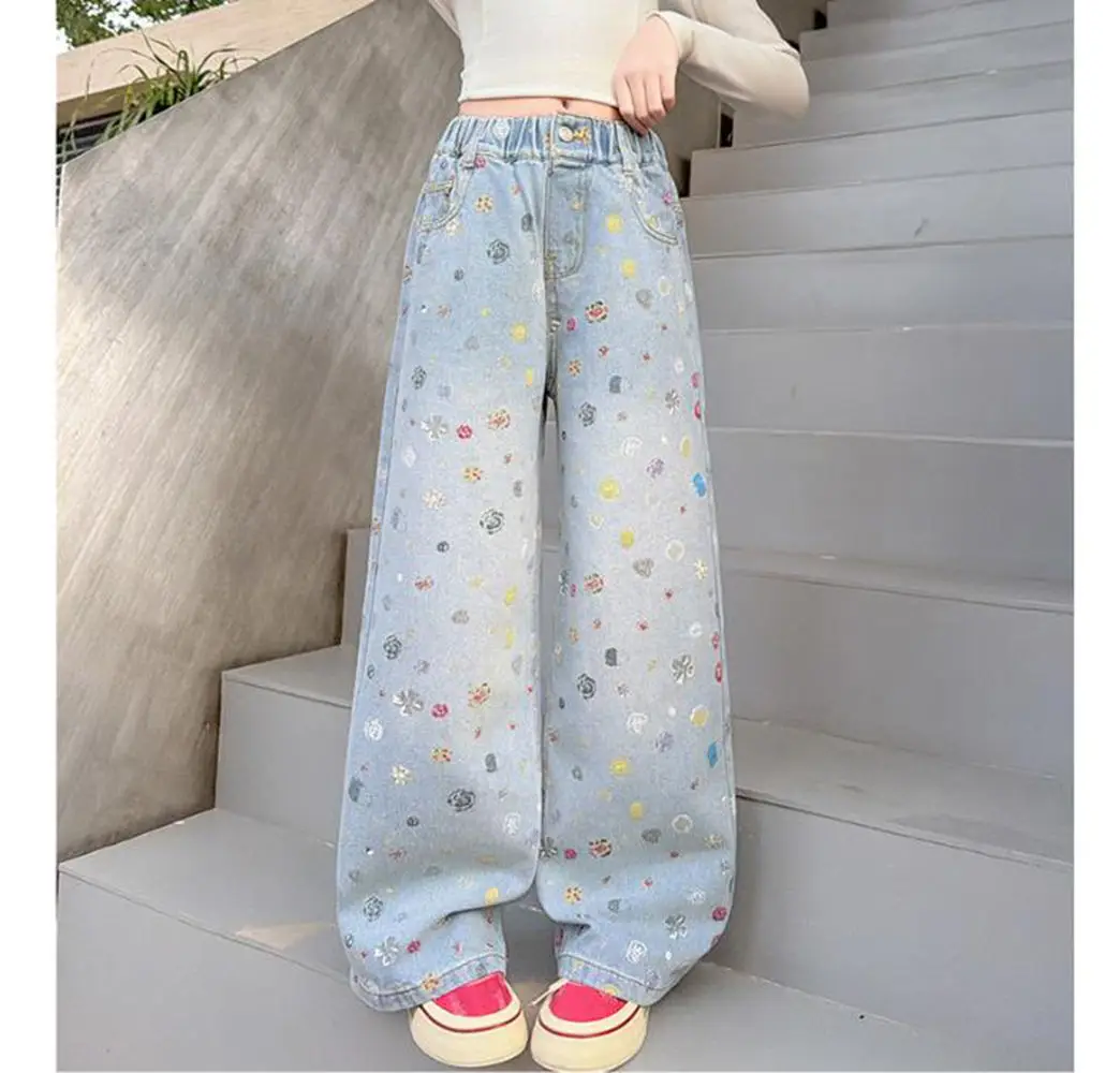 Spring Fall Kids Stylish Straight Jeans with Drawings for Teen Girls New Designer Denim Pants Children Casual Trousers Age 5-14Y