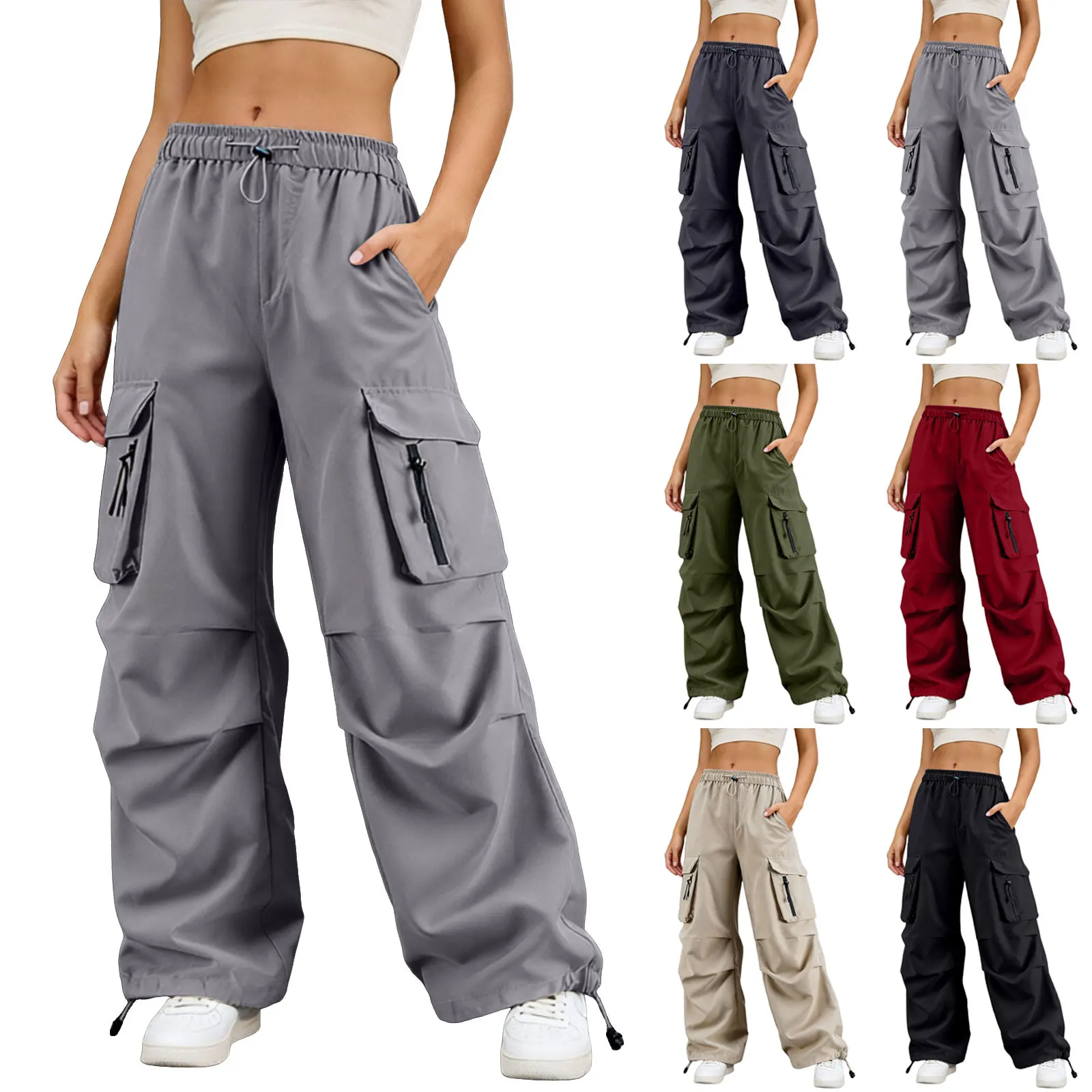 Women'S Elastic Waist Wide Leg Cargo Pants Casual Drawstring Trousers With Multi-Pockets Relaxed Fit Lightweight Sweatpant