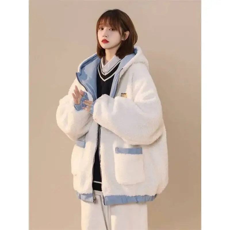 

Blue Cotton Padded Coat Winter Fleece Lined Thickened Reversible Wear Sensibility Niche Lamb Wool Jacket For Women