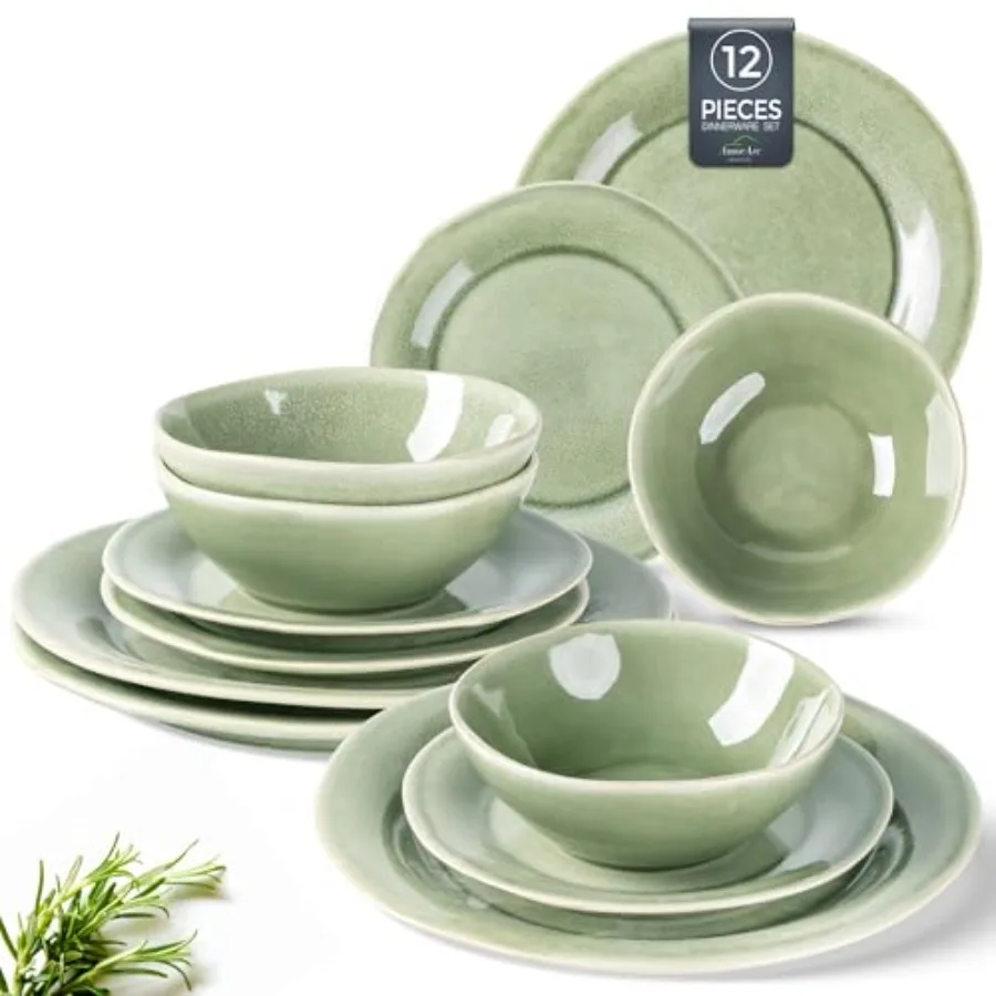 Ceramic Dinnerware Sets Handmade Stoneware Reactive Glaze Plates and Bowls Set Scratch Resistant Dishwasher and Microwave Safe