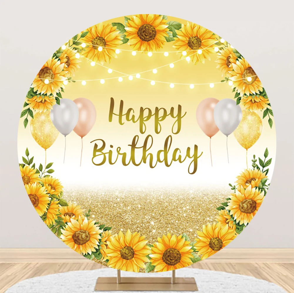 Yellow Sunflowers Light Bokeh Round Backdrop Happy Birthday Kids Family Party Banner Table Decor Sparkly Balloon Background