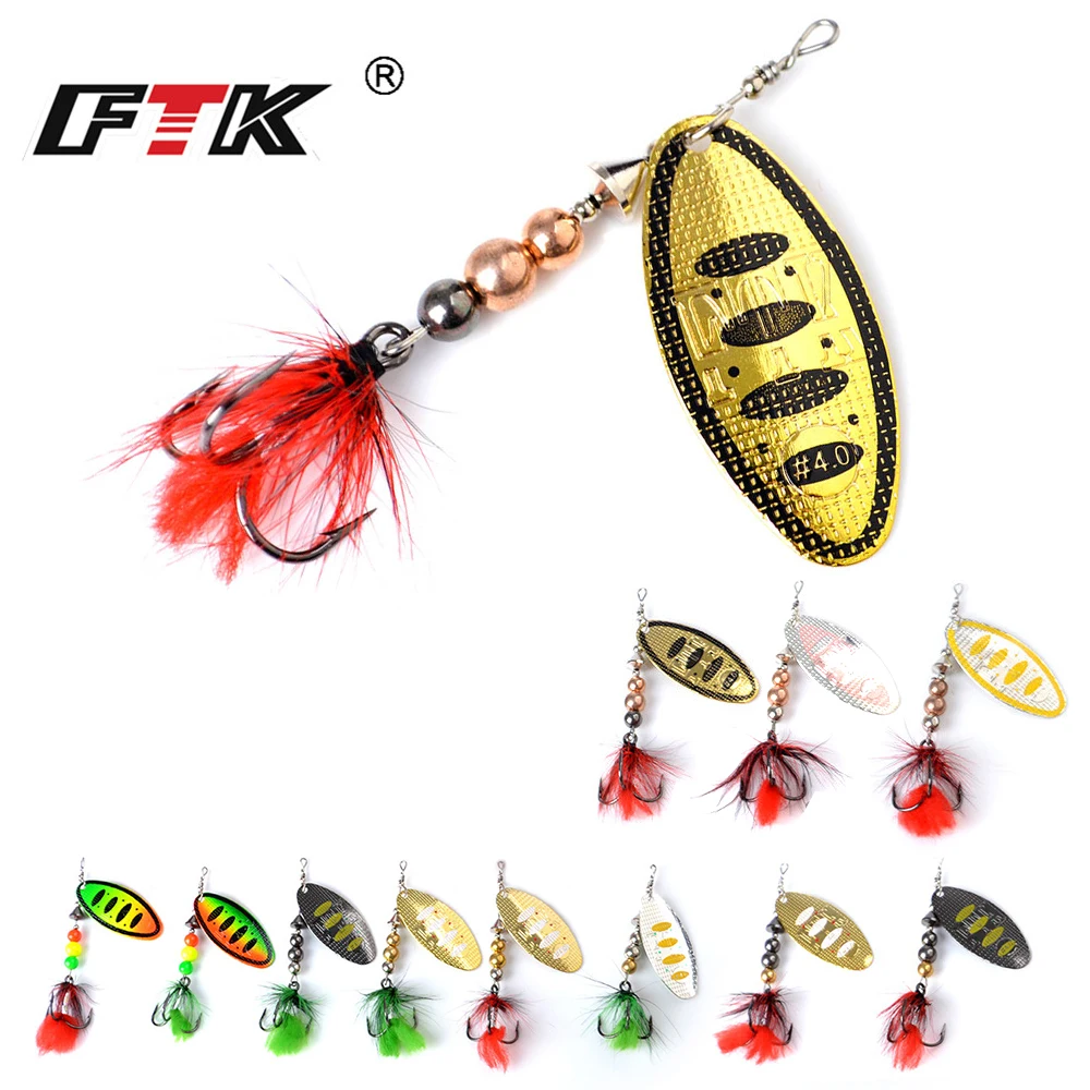 FTK-señuelo de pesca giratorio, cebo duro de lubina de Metal con pluma, anzuelos triples para Wobblers, aparejos de pesca de Lucio, 8g, 14g, 20g