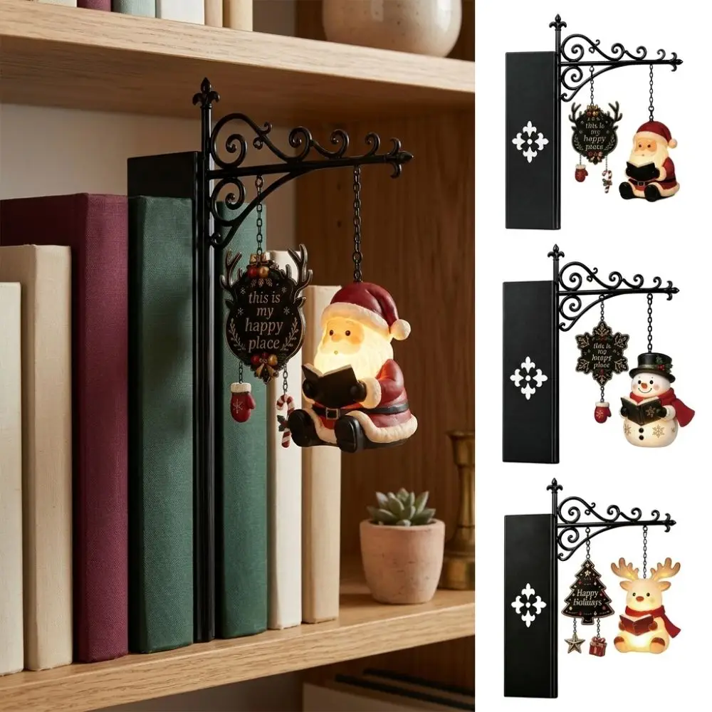 Santa Claus Christmas Bookshelf Lamp Metal Lamp Warm Glow LED Library Lantern Snowman Elk Retro Style Hanging Figurine Light