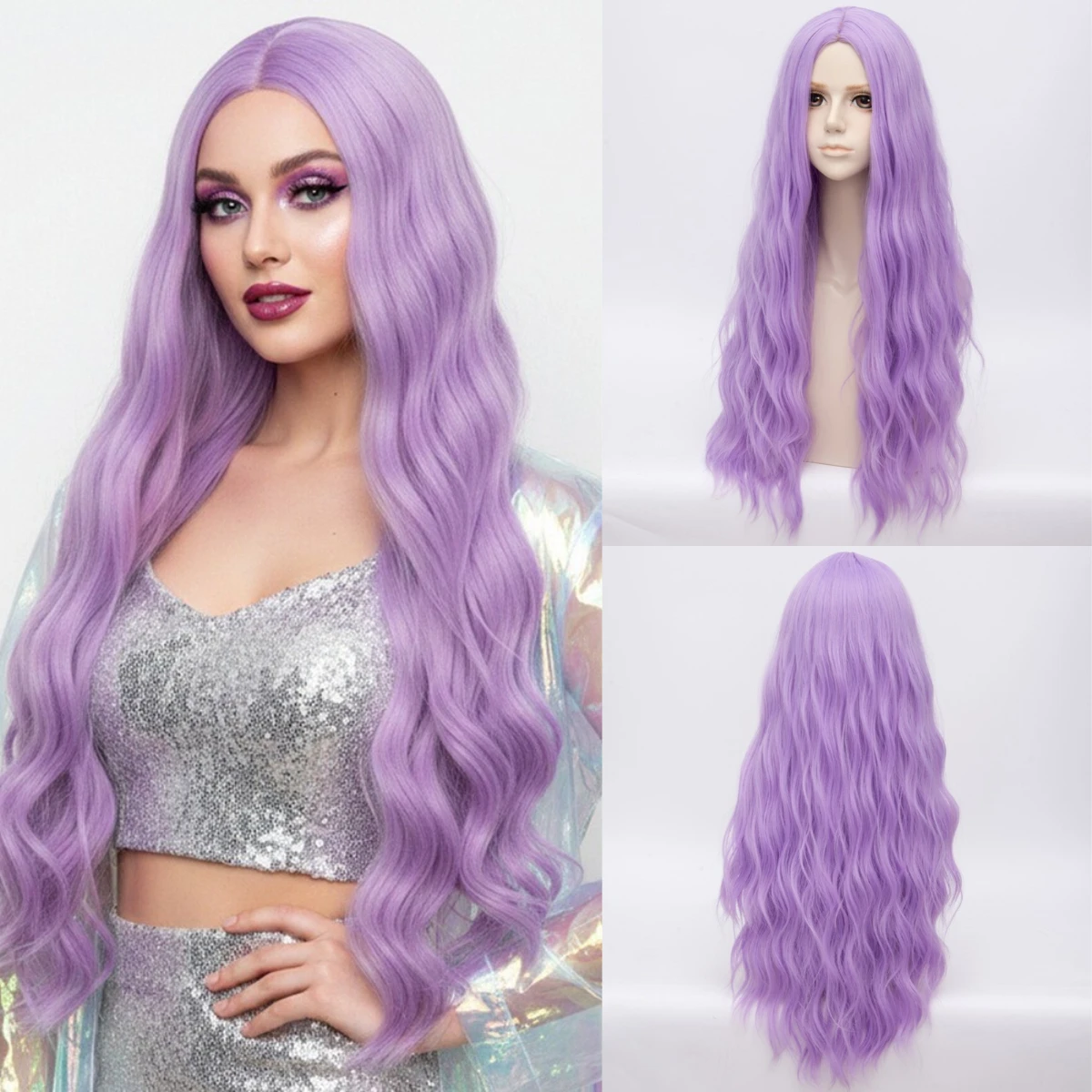

Synthetic Long Light Purple Curly Wave Wig with Bangs for Women Daily Cosplay Party Fake Hair Heat Resistant