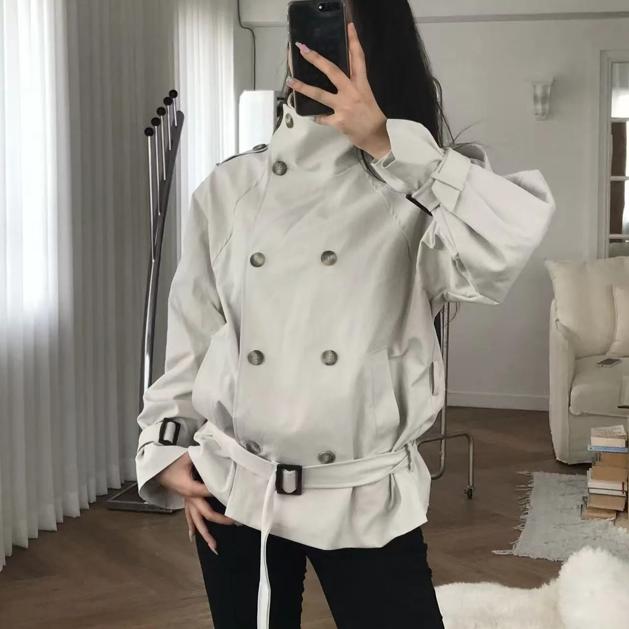 Korean Minimalist Style Women's Jacket Stand Collar Double Button Waist Belt Slimming Casual Small Size Outerwear