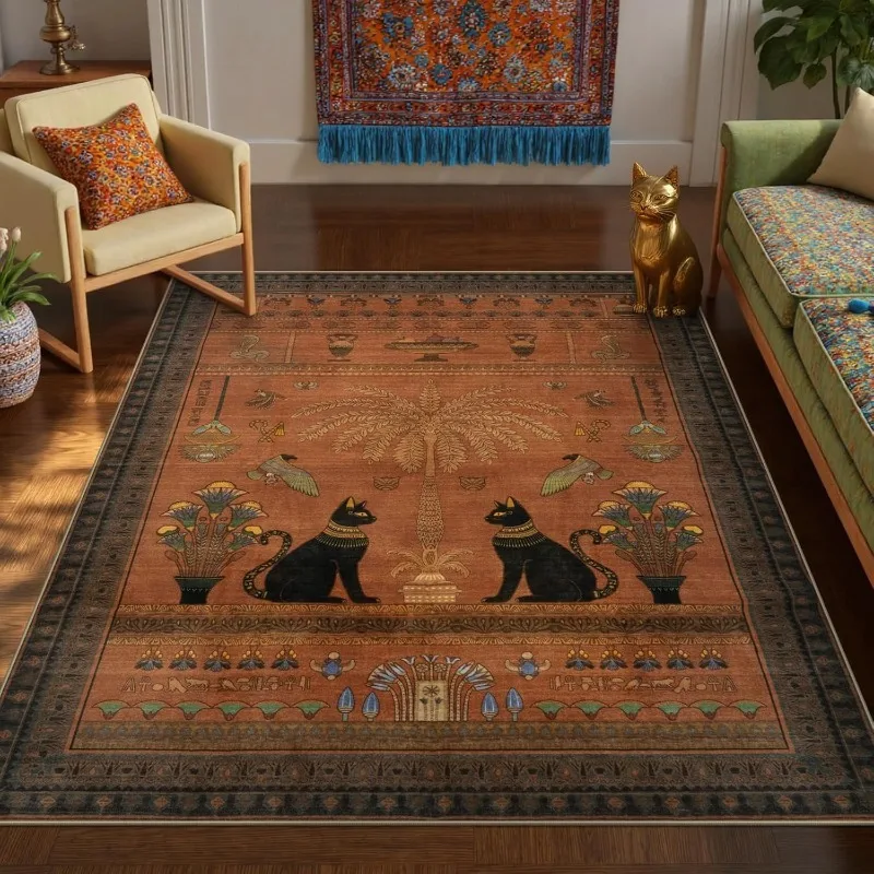 

Bohemian Living Room Carpet Brown Black Cat Palm Tree Print Bedroom Rug Large Area Non-slip Machine Washable Coffee Table Mat 러그