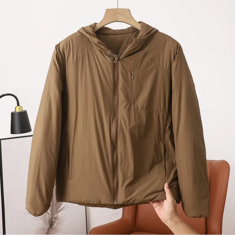 Outdoor-Herrenjacke aus Tech-Baumwolle mit Kapuze, gefüttert, 2026 Herbst-Winter, leicht, flauschig, kältebeständig, wasserdicht, lässiger warmer Parka. – Detail 9