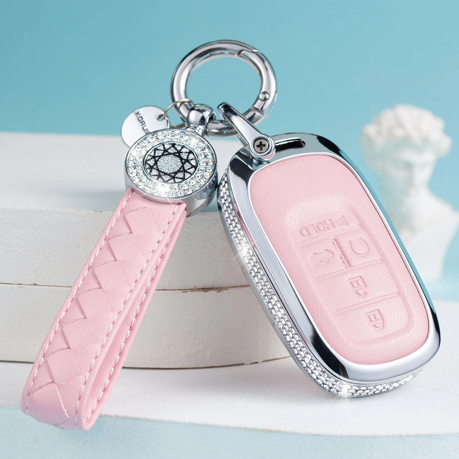 RUABIBAN for Honda Key Fob Cover with Keychain, Pink Genuine Leather Crystal Key Case Protection Shell Compatible with 2022 Hond