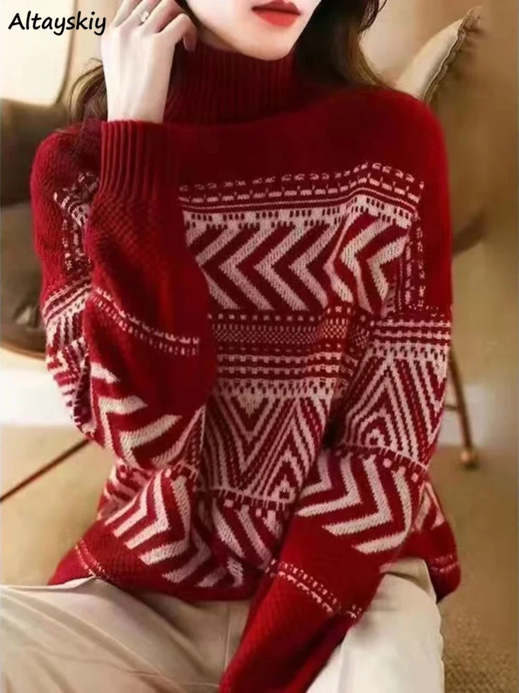 

Vintage Sweater Women Contrast Color Turtleneck Knitted Pullovers Winter Warm Loose Casual Fashion Soft Temper Female Ulzzang