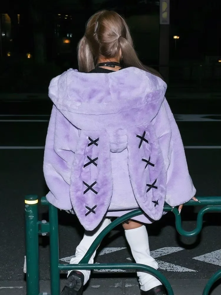Mauroicardi inverno doce kawaii macio quente roxo casaco de pele do falso feminino orelhas de coelho roupas de designer de luxo jaqueta macia com capuz