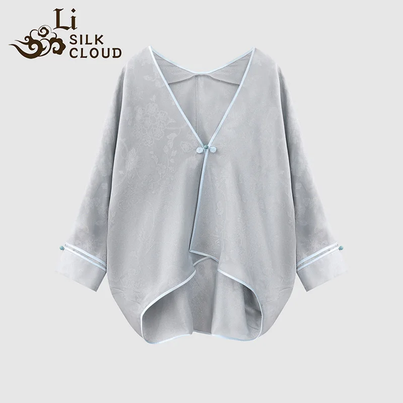 

LI SILK CLOUD xiangyunsha Stand-Collar Short Sleeve Top Ancient Style Oriental Patterns Guangdong Black Pearl Guangdong Gauze