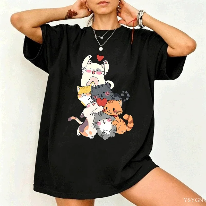 Womens T‑shirt Cute Singing Kittens In Colorful Sweaters Print Short Sleeve Crew Neck Summer Casual Daily Tops Women Clothing