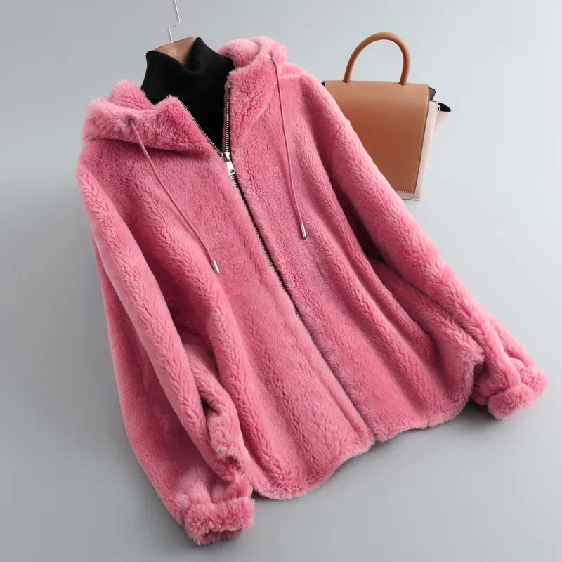 Imagem -03 - Ayunsue 100 Sheep Shearing Jaqueta Roupas Femininas Inverno Cabolsa de Pele Real Feminino Jaquetas de lã Solta com Capuz Abrigo Mujer Sqq1183