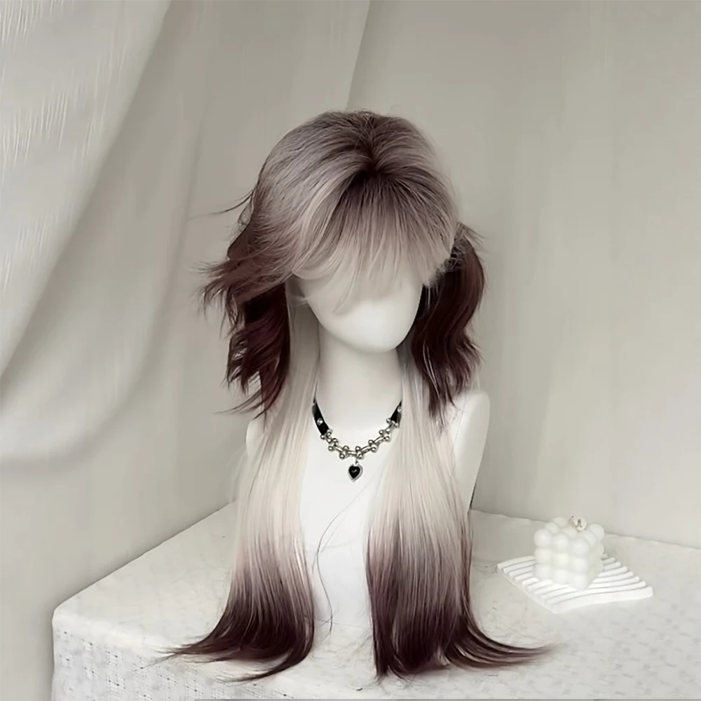 White Brown Gradient Wig with Bangs Mixed Color Wig Cosplay Lolita Wigs Heat Resistant Synthetic Hair for Halloween Costume