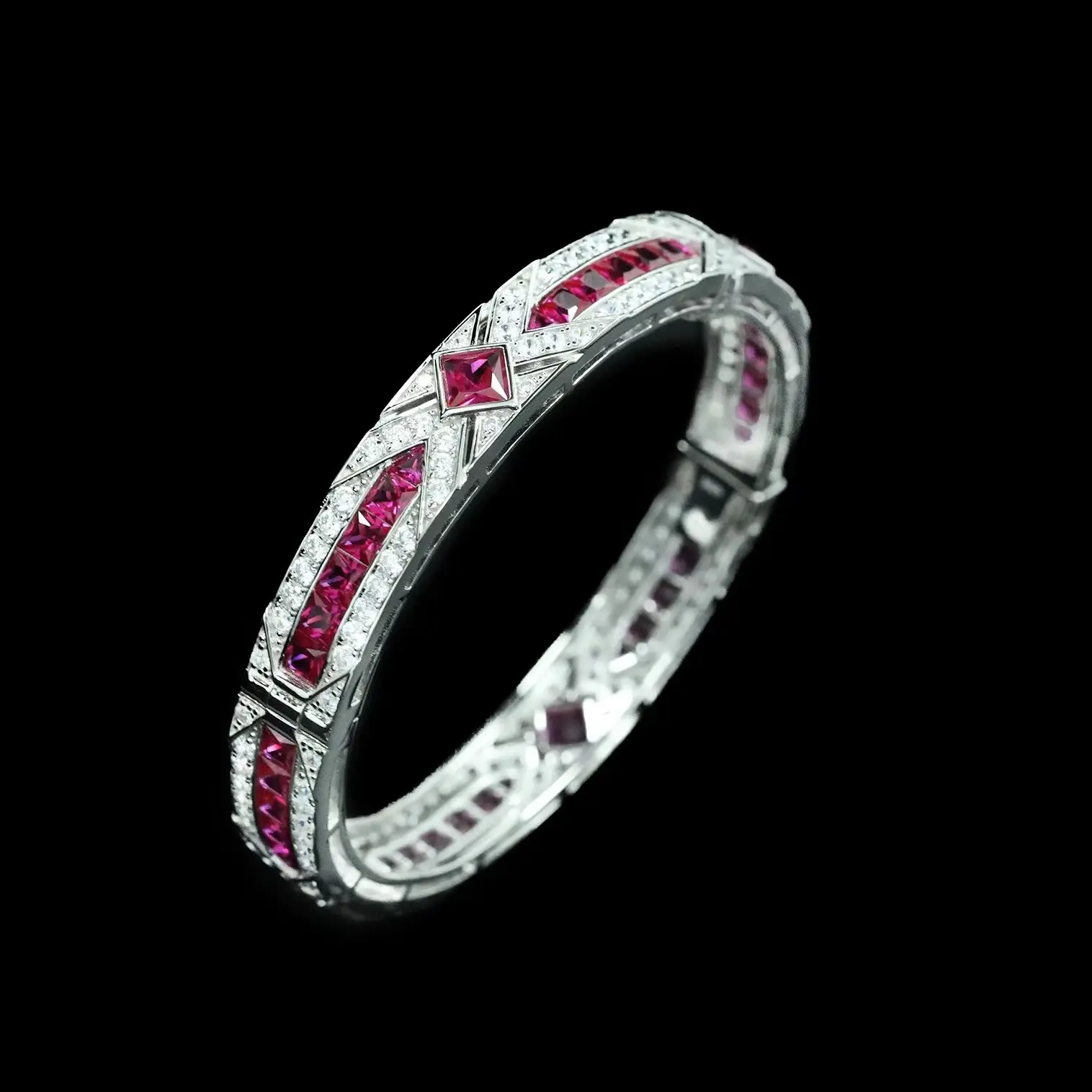 Vintage Art Deco Lab Grown Ruby Bracelet Women's 925 Sterling Silver Antique Statement Fine Jewelry Valentines Engagement Gifts