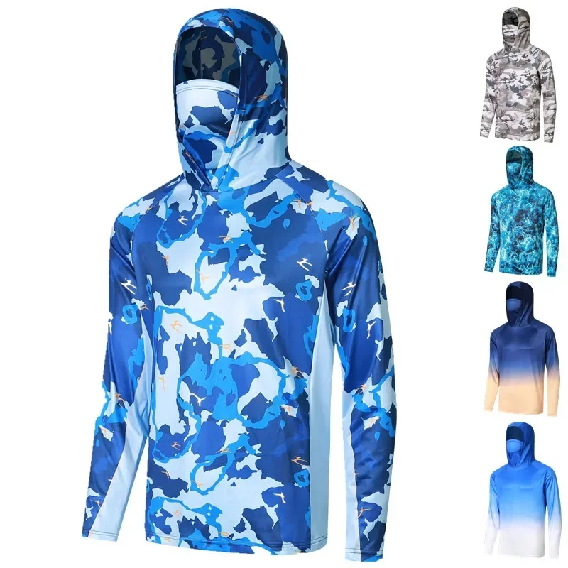 Fishing Shirts  Men's Hooded Face Cover Fishing Clothes Summer Long Sleeve Sun Protection Camouflage Fishing T-Shirts