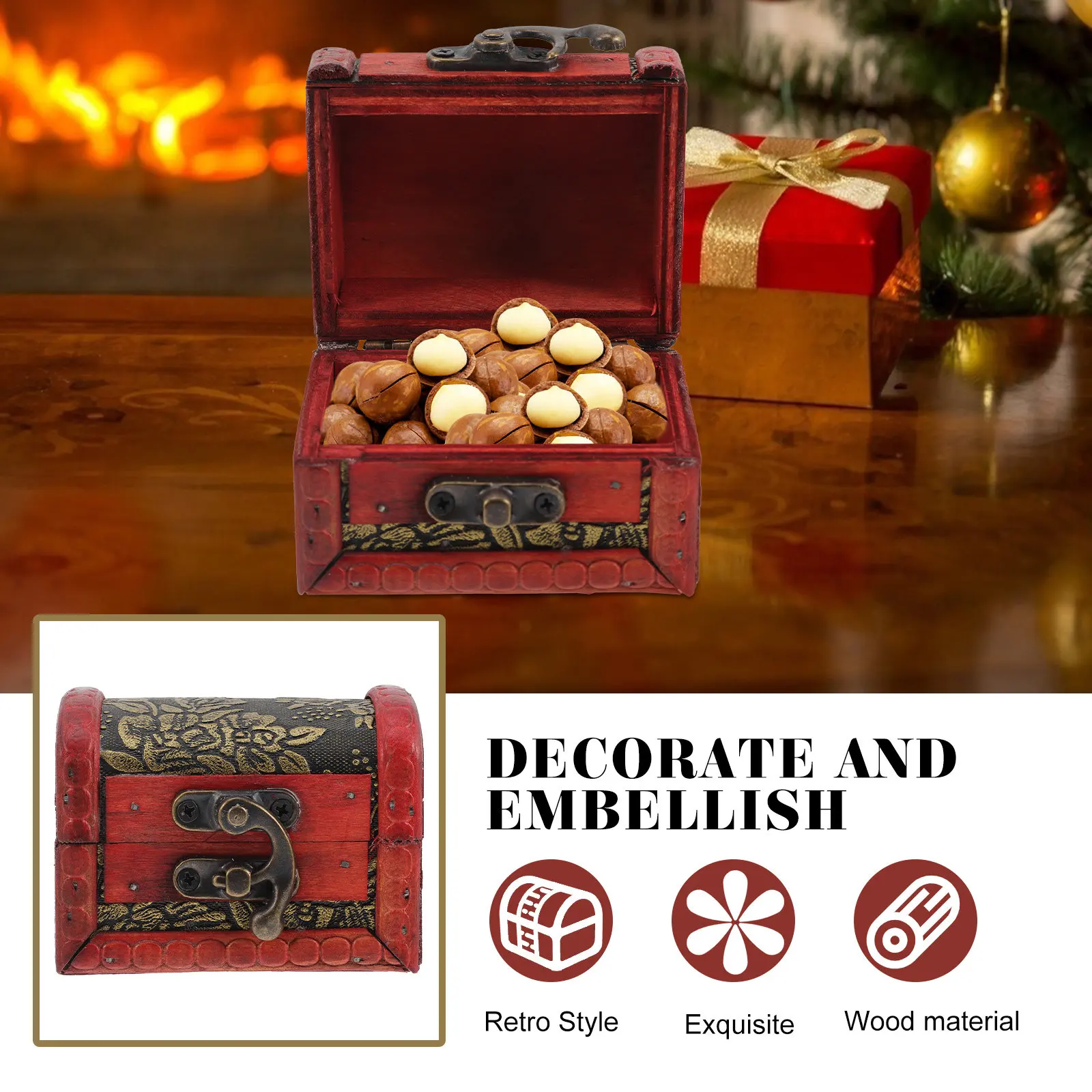 Wooden Candy Box Retro Style Storage Container for Jewelry Coins Holiday Gifts Christmas Party Favor Small Treasure Chest