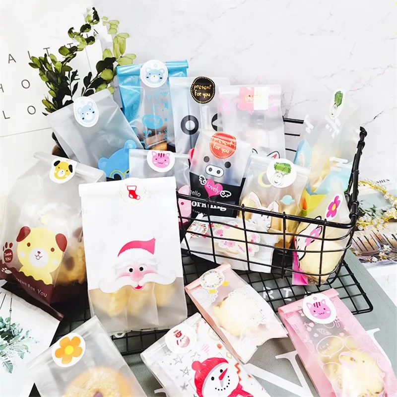 

50Pcs Plastic Bags With Sticker Cartoon Handmade Baking Nougat Cookies Biscuits Snack Xmas Party Gift Decoration