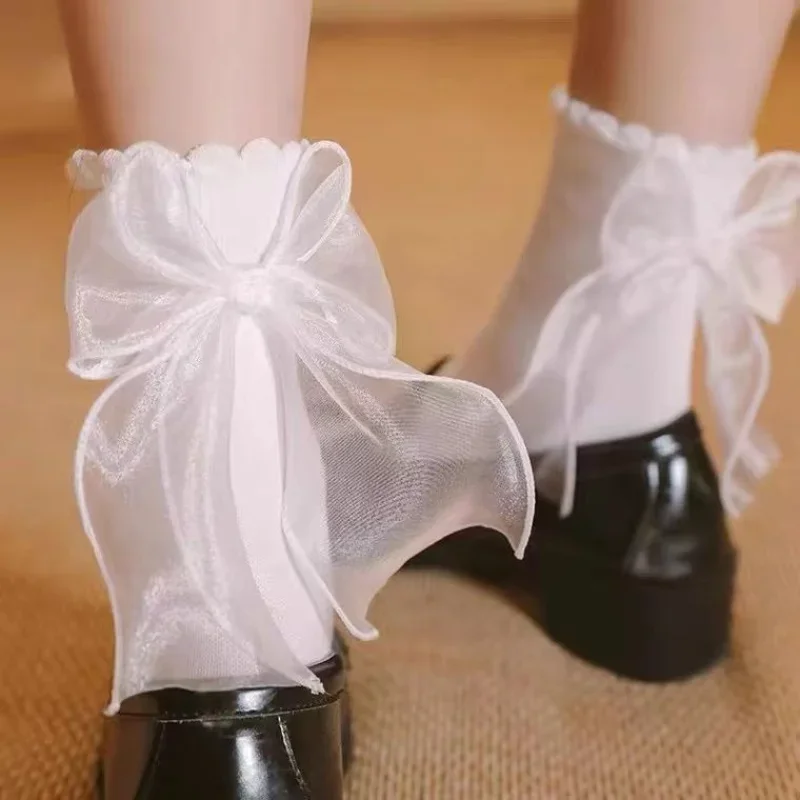 

Girls Soft White Lace Lolita Socks Ribbon Bow Socks Women's Mid-Calf Cute Ruffle Frilly Ankle Socks Japanese Style Dress Hosiery